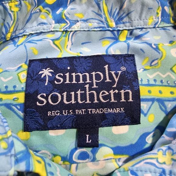 Simply Southern Hawaiian Hibiscus Polo Men's Sz Large Light Blue Lime Stretch - Picture 4 of 8